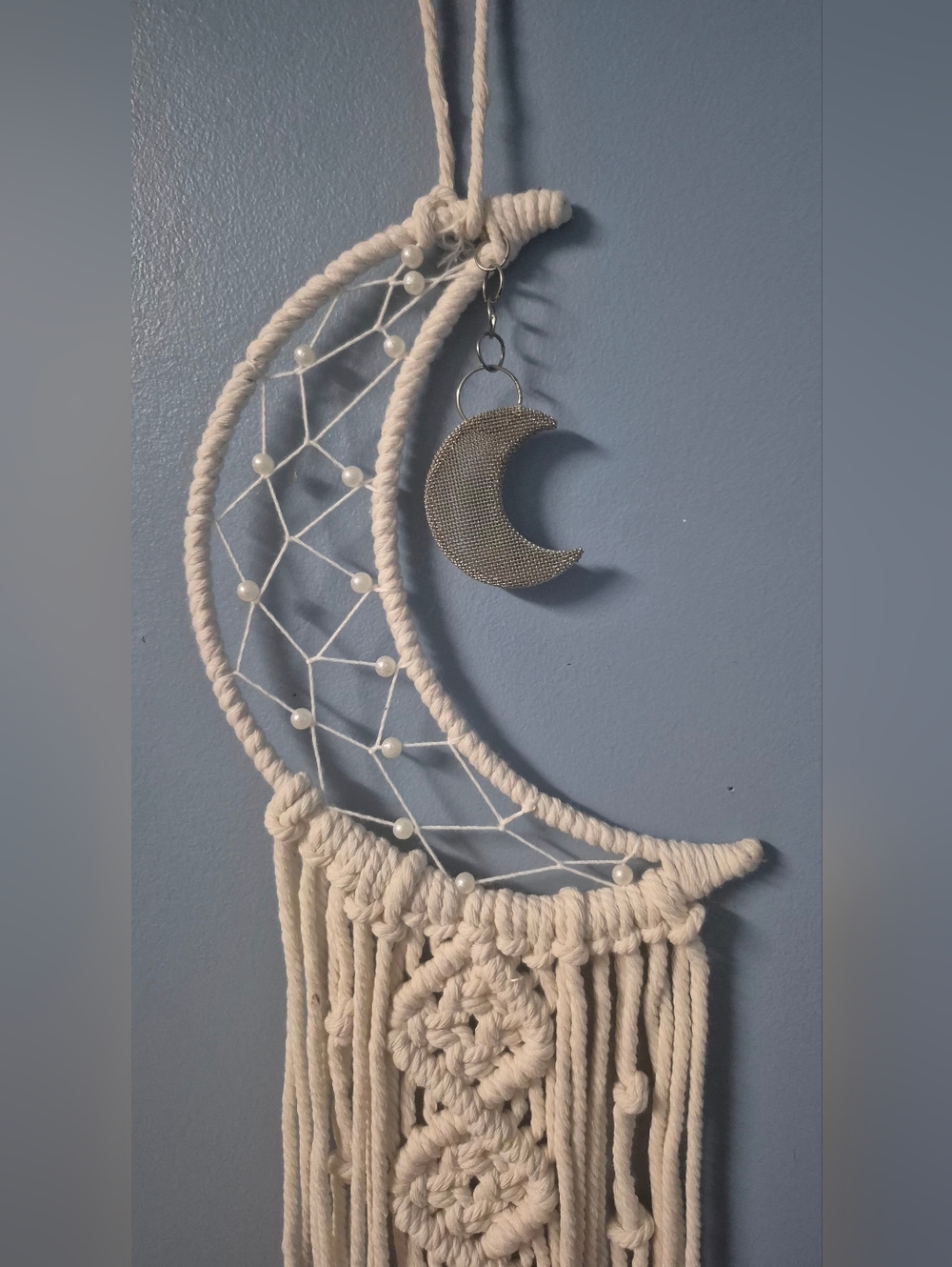Bohemian Crescent Moon Cream Tone Macrame Dream Catcher Wall Hanging - Picture 6 of 6